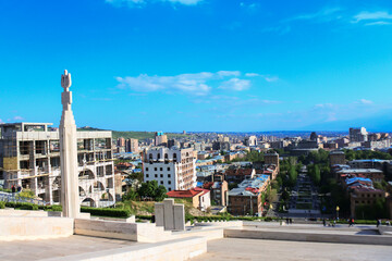 Yerevan, Armenia - 05192018: Panoramic view of Yerevan urban center from Cascade Complex, an open air museum at the heart of Yerevan