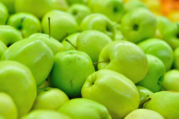 Golden apples close up in market.