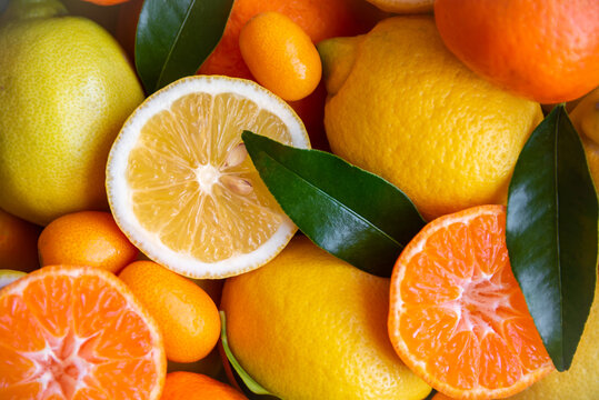 Mixed citrus fruits, ripe and fresh with leaves