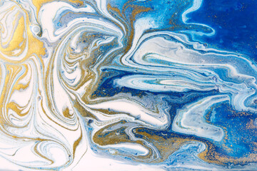 Blue and gold marble imitation artwork background. Liquid navy print pattern. Wave illustration.