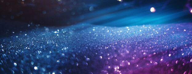 Blurred dark abstract background with glittering lights, bokeh. Ultraviolet glittering lights, sparks.
