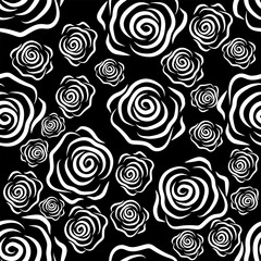seamless pattern contour rose flowers on black background