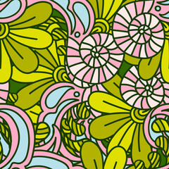 Seamless pattern of flowers, abstract, green pink tender print multicolor