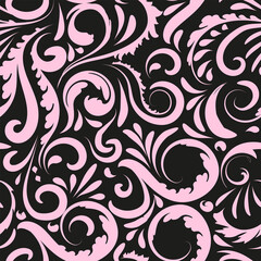 seamless flowers pattern, curls, curls black and pink background print