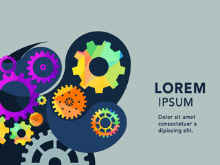 Abstract techno gear background with geometric colorful gear wheels. Space for gear text. Vector gears modern mechanism industrial concept. Technology gears background. Gears Vector illustration 