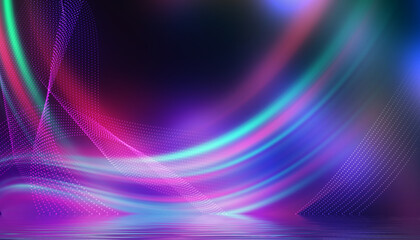 Abstract background. Neon multicolor light reflects off water. Beach party, light show. Blurry lights glisten on the surface. 3d illustration