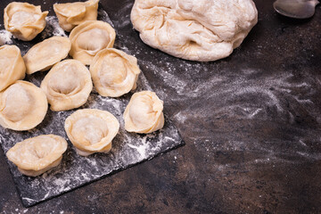 Traditional russian raw pelmeni on a metal tray.