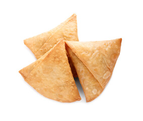 Fresh delicious crispy samosas on white background, top view