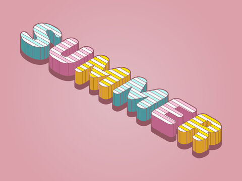 Vector isometric cartoon comic book style volumetric inscription. Summer text. Colorful design element for cards, banners, posters, books, flyers, kids things, toys, party invintations and so forth.