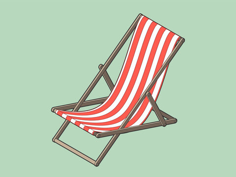 Vector isolated illustration in cartoon style. Isometric deck chair. Furniture for relaxing at the ocean shore or for sunbathing in the garden. Red and white striped pattern cloth on wooden frame.