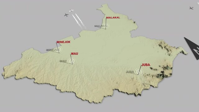 Seamless looping animation of the 3d terrain map of South Sudan with the capital and the biggest cites in 4K resolution