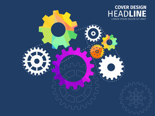Abstract techno gear background with geometric colorful gear wheels. Space for gear text. Vector gears modern mechanism industrial concept. Technology gears background. Gears Vector illustration 