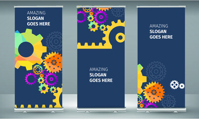 Abstract techno gear background with geometric colorful gear wheels. Space for gear text. Vector gears modern mechanism industrial concept. Technology gears background. Gears Vector illustration 