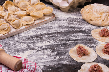 Traditional russian raw pelmeni on a metal tray.