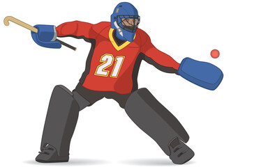 field hockey male goalkeeper goalie in red uniform and blue helmet, isolated on a white background