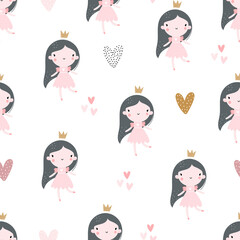 Vector hand-drawn colored childrens seamless repeating pattern with cute girls princesses in a dress with a crown on a white background. Creative kids texture for fabric, wrapping, textile, wallpaper.
