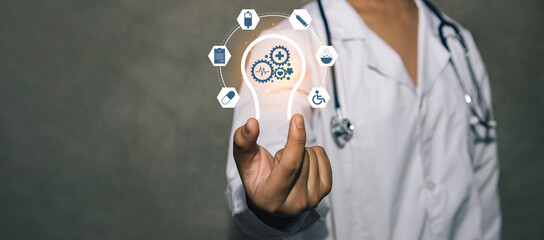 Doctor holding illustration light-bulb icon with medical virtual healthcare network for human life. Web icon idea for future business technology. Modern medical network