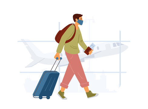 Young Man Wearing Protective Mask Walking With Suitcase In Airport. Travel During Pandemic Concept. Flat Vector Illustration. 