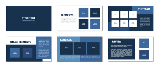 Presentation template. Blue rectangles flat design, white background. 6 slides. Title, element, team, frame, service, review.