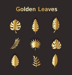 Set of gold summer tropical leaves in paper cut style. Craft jungle plants collection on black background. Vector card illustration for black friday promotion design.