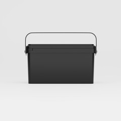 Black rectangular plastic can / bucket / container with handle and no label. Front view, isolated on white background.