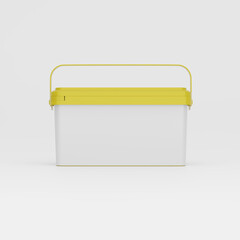 Yellow rectangular plastic can / bucket / container with handle and a blank label. Front view, isolated on white background.