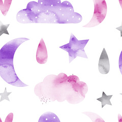 Obraz premium Watercolor hand-drawn color seamless childish simple pattern for kids with cute clouds, drops and stars in Scandinavian style on a white background. Baby pattern with clouds. Fabric design. Wallpaper.