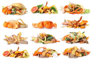Set with organic waste for composting on white background