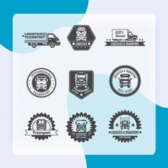 Truck logistics and transport auto transportation label black set isolated vector illustration