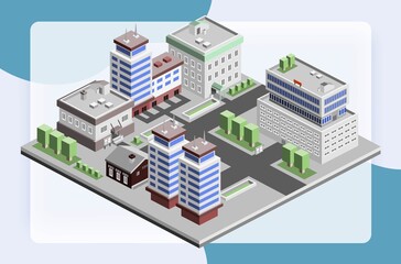 Business center modern 3d urban city office buildings decorative icons set isometric vector illustration