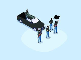 Terrorist isometric vector concept. Group of terrorist with weapon and machine gun on the car - obrazy, fototapety, plakaty