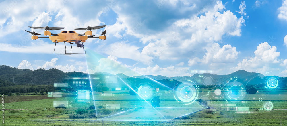 Wall mural 5g technology trend and smart farm agriculture concept.farmer use ai drone to monitor prediction for