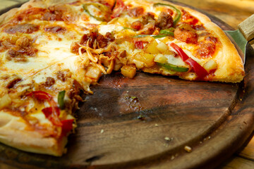 pizza on a wooden board