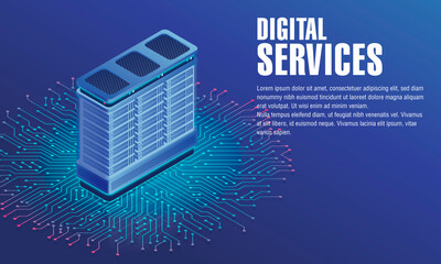 Isometric concept with with Server and circuits. Server hovering over circuits on blue background. Illustrator file with separate layers for each elements & background. 