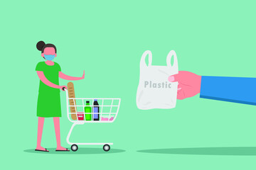 Rejection vector concept: Young woman rejecting plastic bag while carrying shopping cart