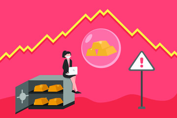 Financial bubble vector concepts. Businesswoman with gold in bubble, declining graph, and warning sign