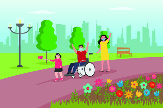 Disabled people vector concept: Disable father taking selfie photo with his family while enjoying leisure time in the park