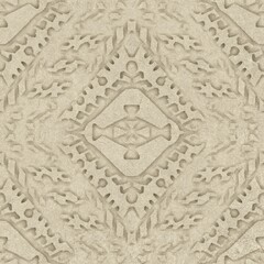 Seamless embossed paper texture for print. High quality illustration. Beige taupe or tan paper texture with embossed abstract ethnic tribal design overlay. Seamless repeat raster jpg pattern swatch.