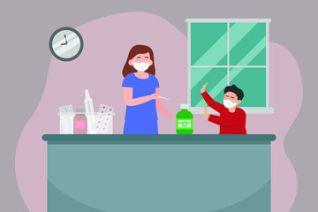 Rejection vector concept: Little son rejecting medicine from his mother while wearing face mask in new normal 