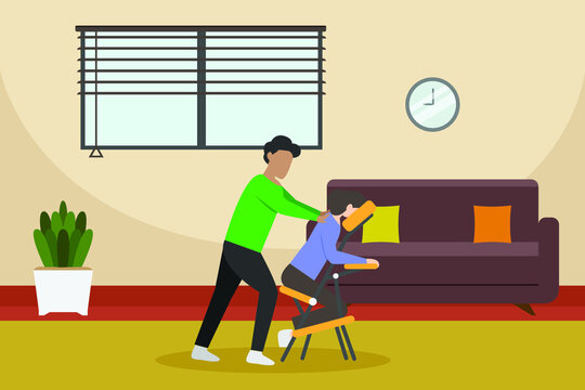 Spa Or Massage Vector Concept. Man Massaging Woman On The Massage Chair At Home