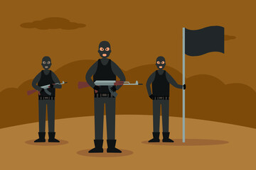 Terrorist vector concept: Three male terrorists standing together while holding their weapons - obrazy, fototapety, plakaty