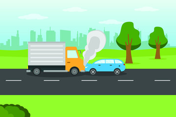 Accident vector concept: Truck and car crushed in highway accident 