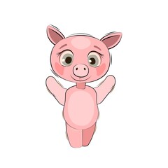 Little piglet cub. Pig Isolated object on white background. Cheerful kind animal child. Cartoons flat style. Funny. Vector