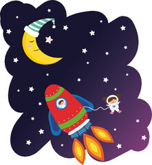 
Childish and colorful space design with the Moon, a rocket and two astronauts