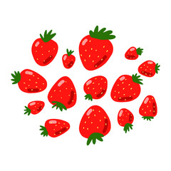 Cartoon ripe strawberry set. Red berries with leaves isolated on white background. Hand-drawn fruits as a symbol of summer, healthy raw food, gardening, market. Fresh cute print. Vector illustration