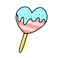 Doodle candy in the shape of a heart. Lollipop isolated on white background. Hand-drawn Pink, blue dessert with cream for kids party, Easter, birthday, Valentines Day. Vector ice cream illustration