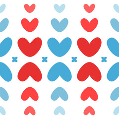 Red and blue hearts of white background. Simple cute seamless romantic vector pattern in bright colors of national US flag. Happy celebration of Independence day or Valentines. Love is in the air.