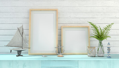 3d rendering of a sideboard with two blank mock-up posters