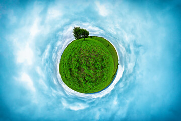 Stereographic panoramic projection of agreen field in the summer with an aesthetic tree. 360 degree panorama. - 435869355