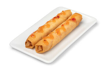 Plate with a pair of crispy deep fried Vietnamese egg rolls and sauce isolated on white background 